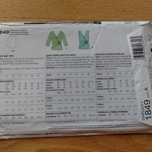 Shirt with Twist Waist Sewing Pattern Plus Size 10-20 UNCUT Simplicity 1849 - Picture 5 of 9